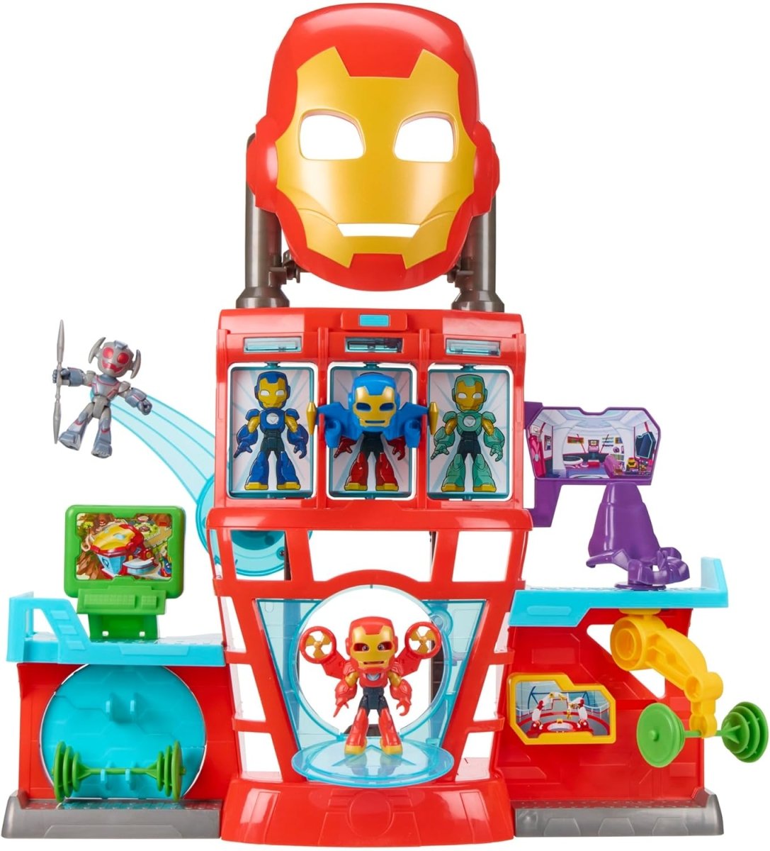 Red Iron Man robot playset with three character windows, blue base, and side launch arms