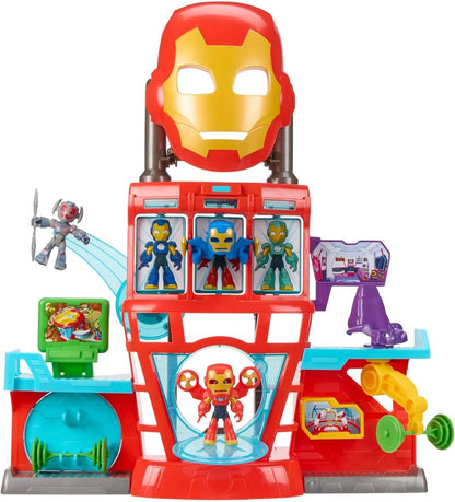 Red Iron Man robot playset with three character windows, blue base, and side launch arms