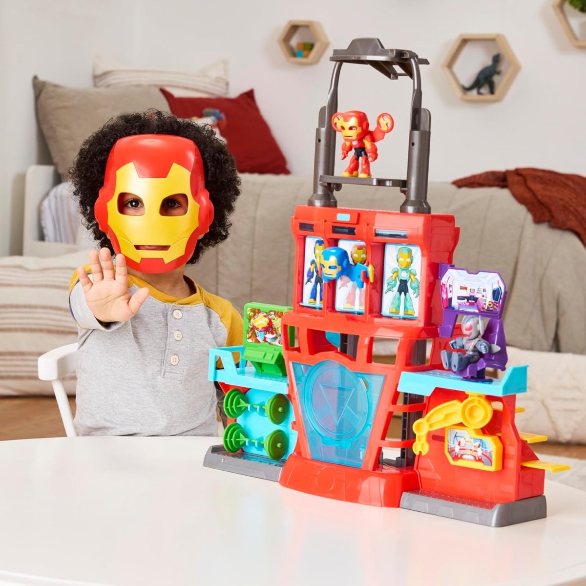 Red playset with Iron Man helmet face on top, transparent dome center, and character slots
