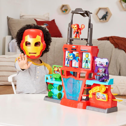 Red playset with Iron Man helmet face on top, transparent dome center, and character slots