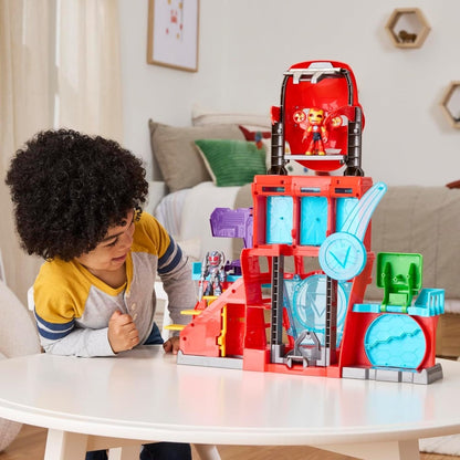 Red robot playset tower with purple launcher, blue circular door, and figure bay