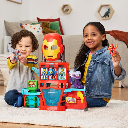 IMF IQ Playset with Iron Man helmet headpiece, red-and-blue structure, and action figures