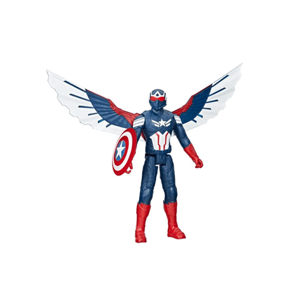 Captain America action figure with wings, blue suit, red boots, and round shield
