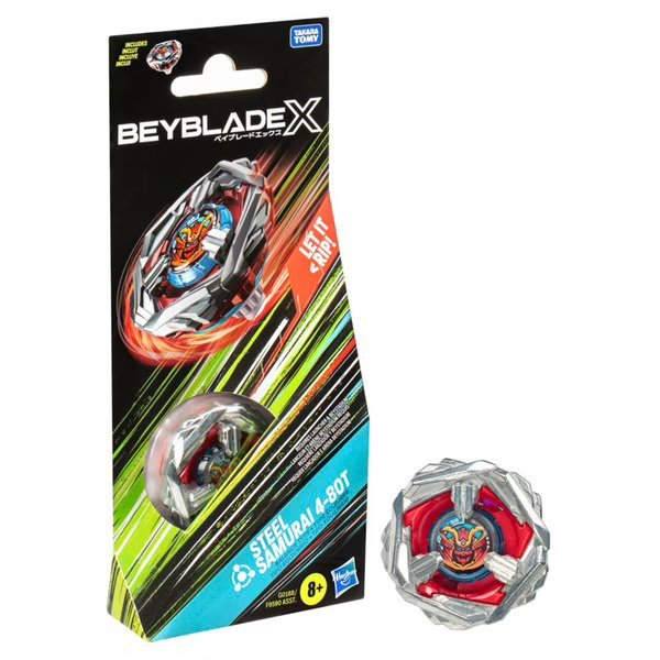 Beyblade X booster pack with silver spinning top and red/orange details