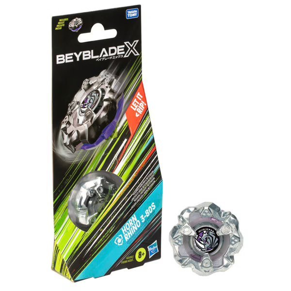 Beyblade X booster pack with silver spinning top and purple accents