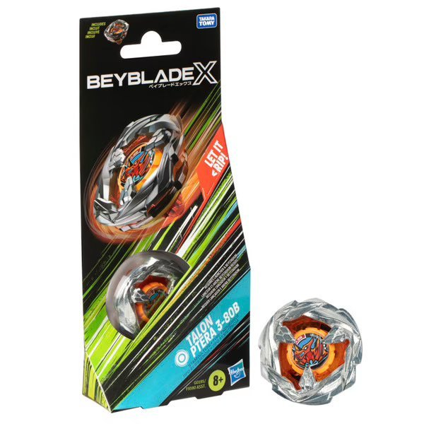Beyblade X booster pack with silver spinning top and orange core