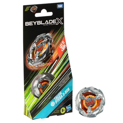 Beyblade X booster pack with silver spinning top and orange core