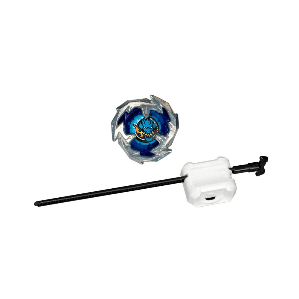 Blauwe Beyblade X top en witte ripcord-launcher