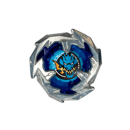 Blauwe Beyblade X top met zilveren behuizing en blauw vaandel-logo