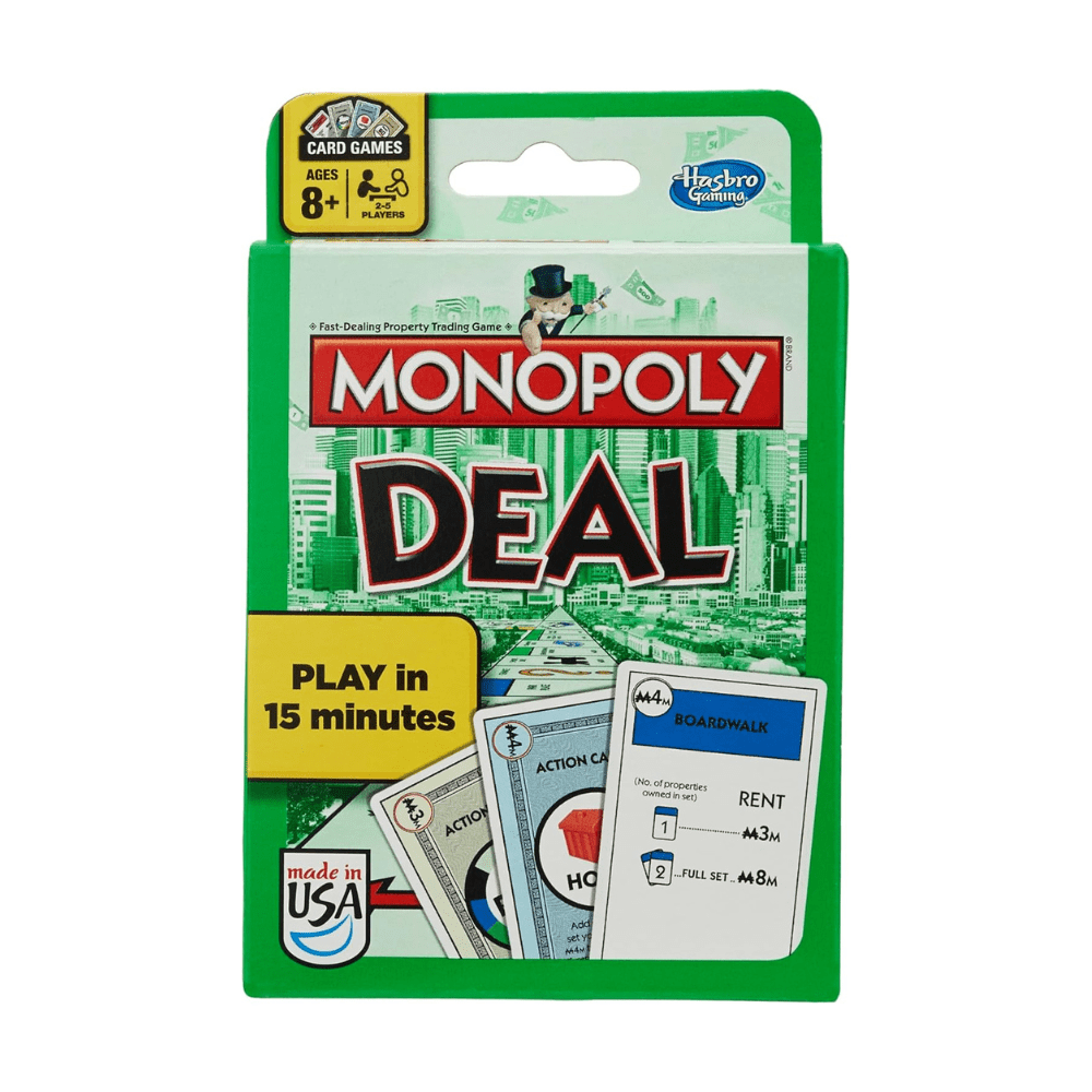 Monopoly Deal card game box with green blister pack and card display