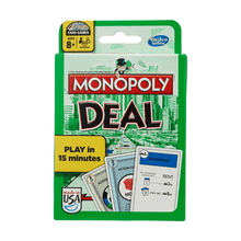 Monopoly Deal card game box with green blister pack and card display