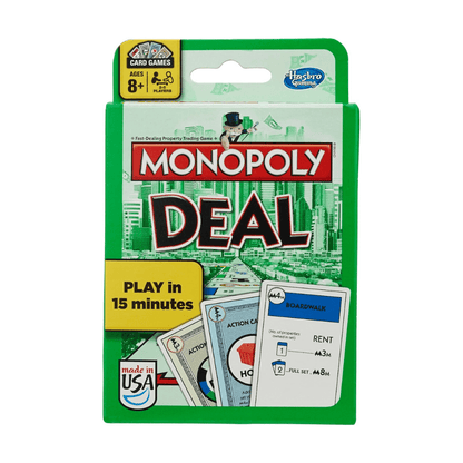 Monopoly Deal card game box with green blister pack and card display