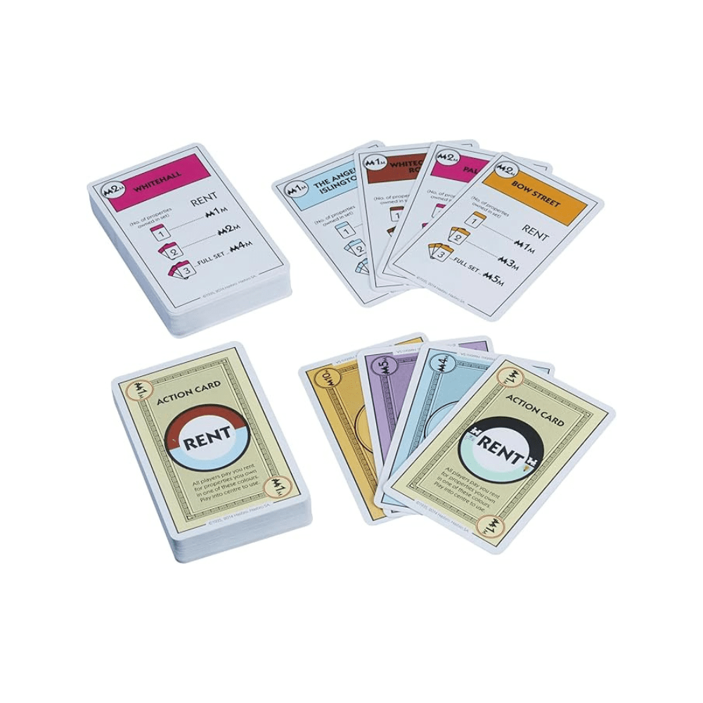 Property trading card game cards in stacks, featuring rent and action card fronts