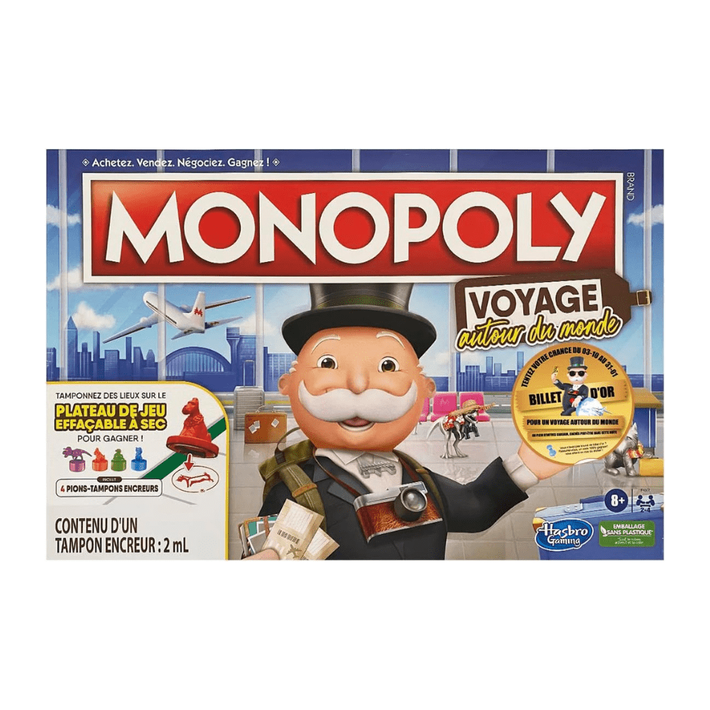 Monopoly travel board game box with globe-themed art and smiling mascot