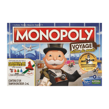 Monopoly travel board game box with globe-themed art and smiling mascot