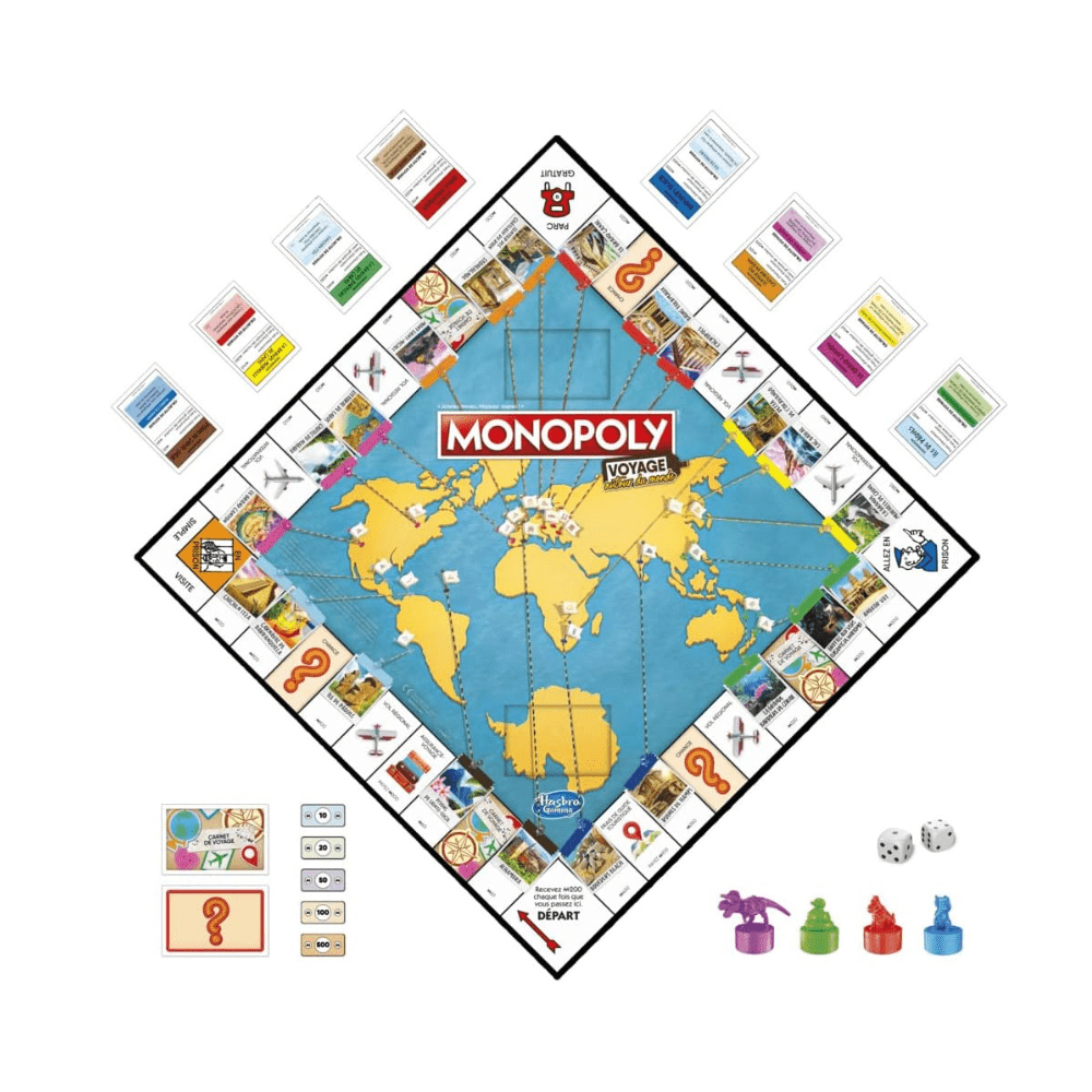 Monopoly Voyage board with world map, player cards, dice, and colorful pawns