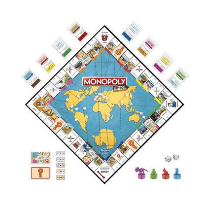 Monopoly Voyage board with world map, player cards, dice, and colorful pawns