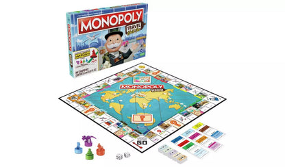 Monopoly Travel World Tour board game with map board, tokens, and cards