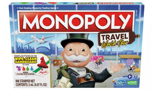 Monopoly Travel World Tour board game box with character and wipe-clean game board graphic