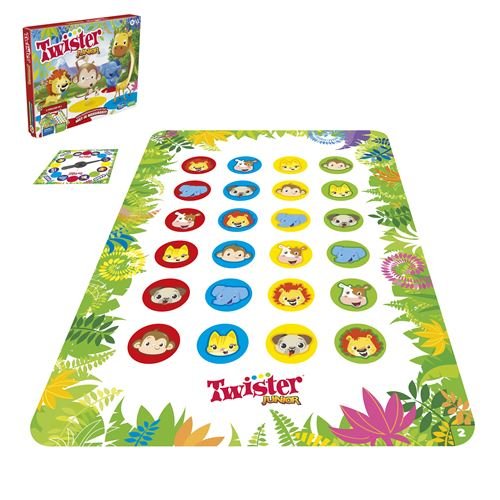 Twister Junior game mat with animal face icons in circles and instruction cards