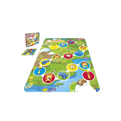 Twister Junior game mat with animal color zones and character circles, plus box