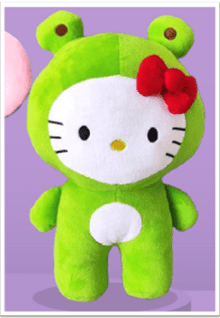 Hello Kitty frog plush, 20 cm, green character with red bow and round white face