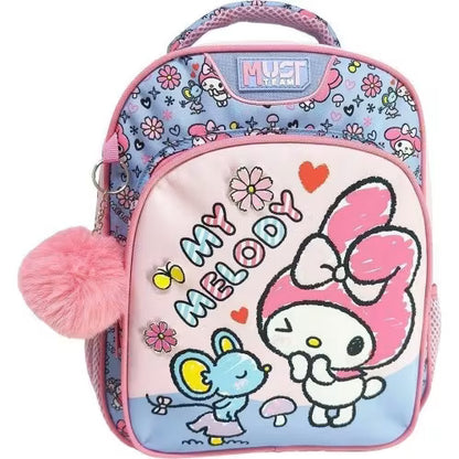 Preschool backpack with pink bow graphic, pastel characters, and plush side keychain