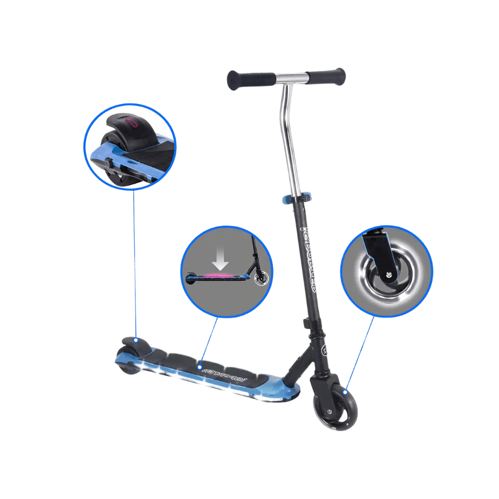 Kids electric scooter with blue deck and black frame, showing wheels and stem