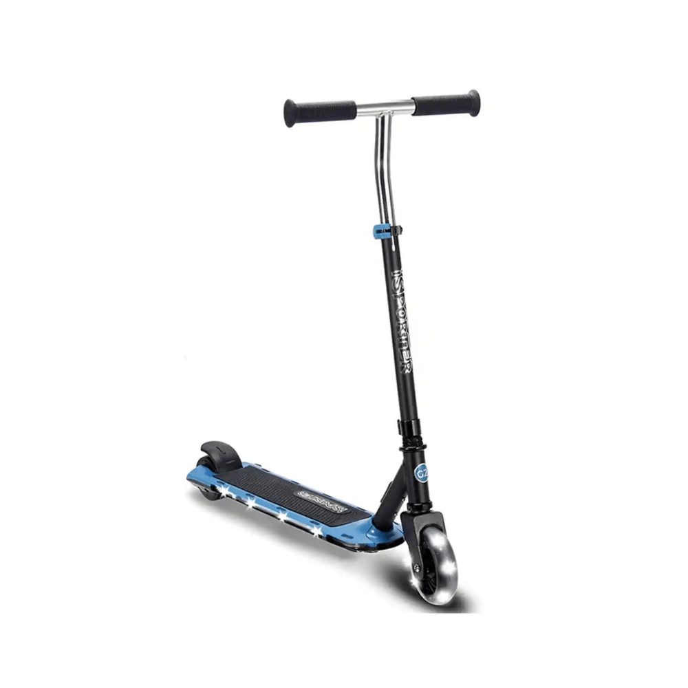 Kids electric scooter with blue deck, black handlebars and silver stem