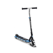 Kids electric scooter with blue deck, black handlebars and silver stem