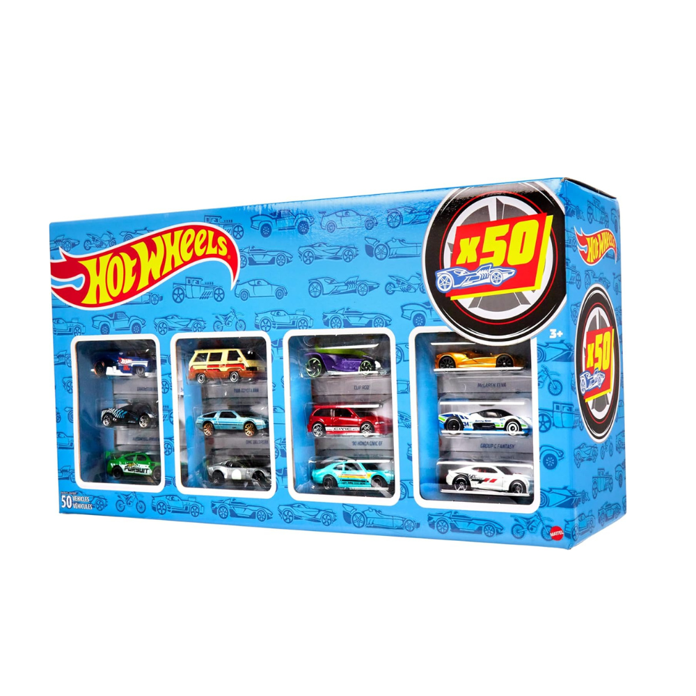 50 Car Pack Hot Wheels boxed set with assorted miniature cars in window display