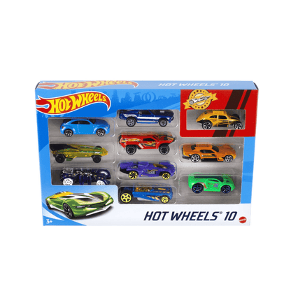 Hot Wheels 10-pack toy cars in retail box with multiple vehicle slots