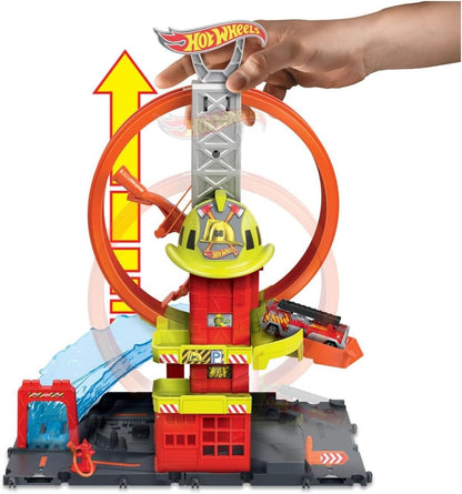 Ci Toy Car Track Set, Super Loop Fire Station & 1:64 Scale - Hot Wheels - The Toy Store