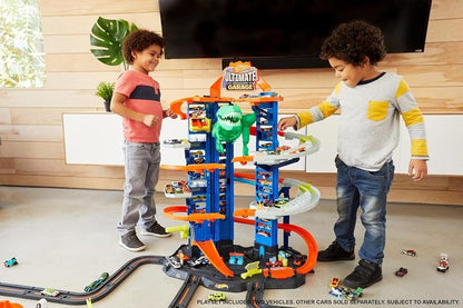 Toy car track garage set with two kids playing; green T-Rex near blue tower