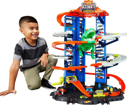 Toy car track garage set with blue structure, orange rails, and green T-Rex; with child