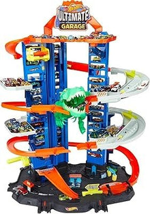 Toy car track garage set with blue tower, orange ramps, and green T-Rex figure