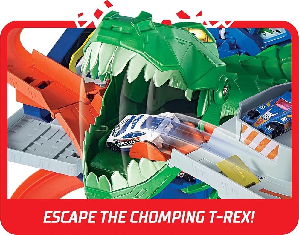 Close-up of green T-Rex dinosaur figure inside toy car track garage set