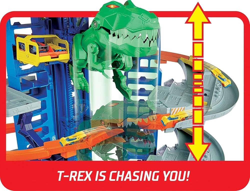 Close-up of green T-Rex towering over toy car track and cars on grey platforms