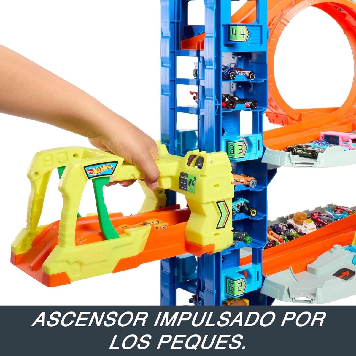 Toy garage ramp launcher with yellow handle, blue tower, orange track, small cars