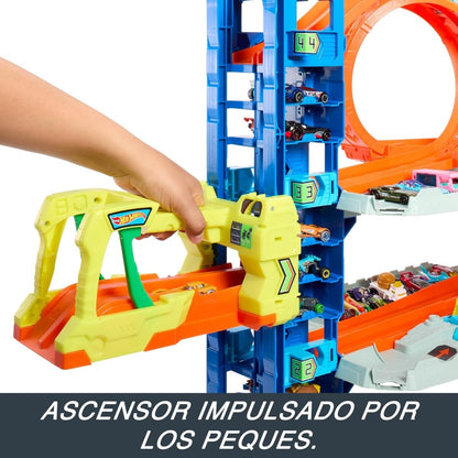 Toy garage ramp launcher with yellow handle, blue tower, orange track, small cars