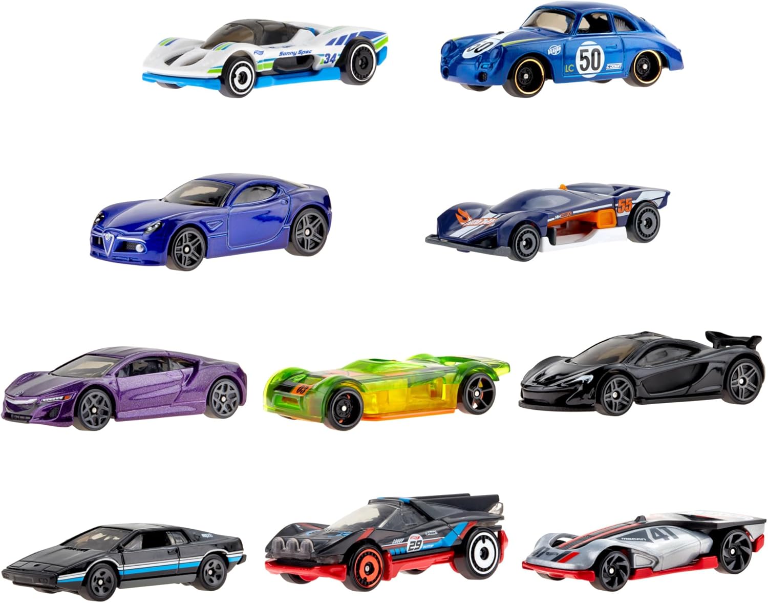 Assorted Hot Wheels die-cast race cars in blue, purple, green, and black