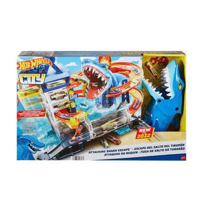 Hot Wheels City shark attack escape playset box with blue shark artwork and cars