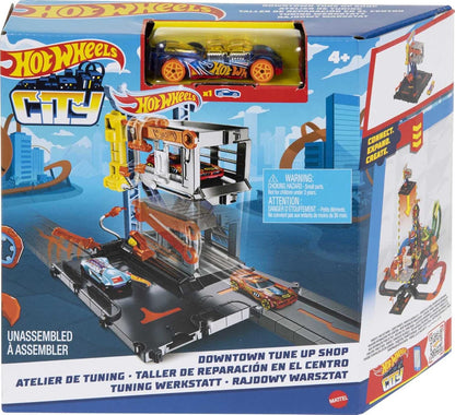 Hot Wheels City Town Tune Up Shop track set box with vehicle inside, ages 4+