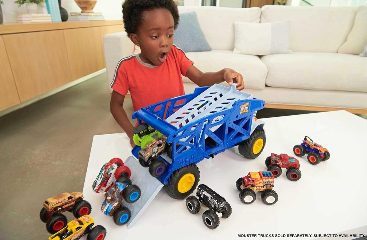 Rhino Rig Monster Mover blue ramp monster truck with yellow wheels