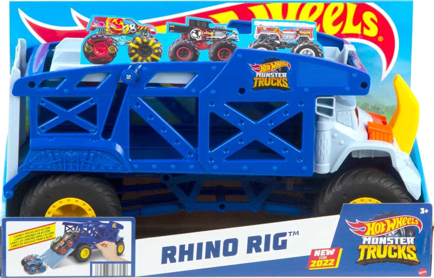 Rhino Rig Monster Mover monster truck in blue and white with yellow wheels