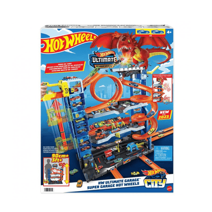 Hot Wheels Ultimate Garage playset box with orange-and-blue track and dragon artwork