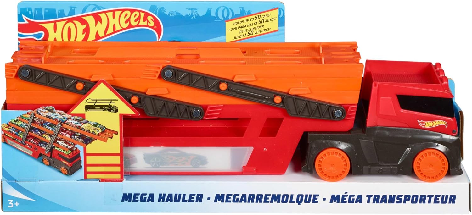 Orange and red toy car carrier truck with expandable levels and black wheel accents