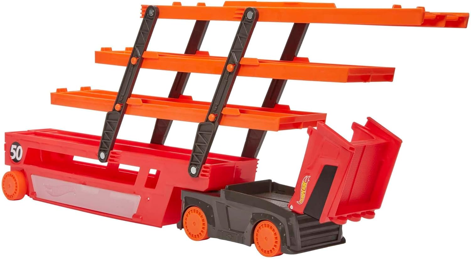 Red toy car carrier truck with black support ladder and orange upper platforms