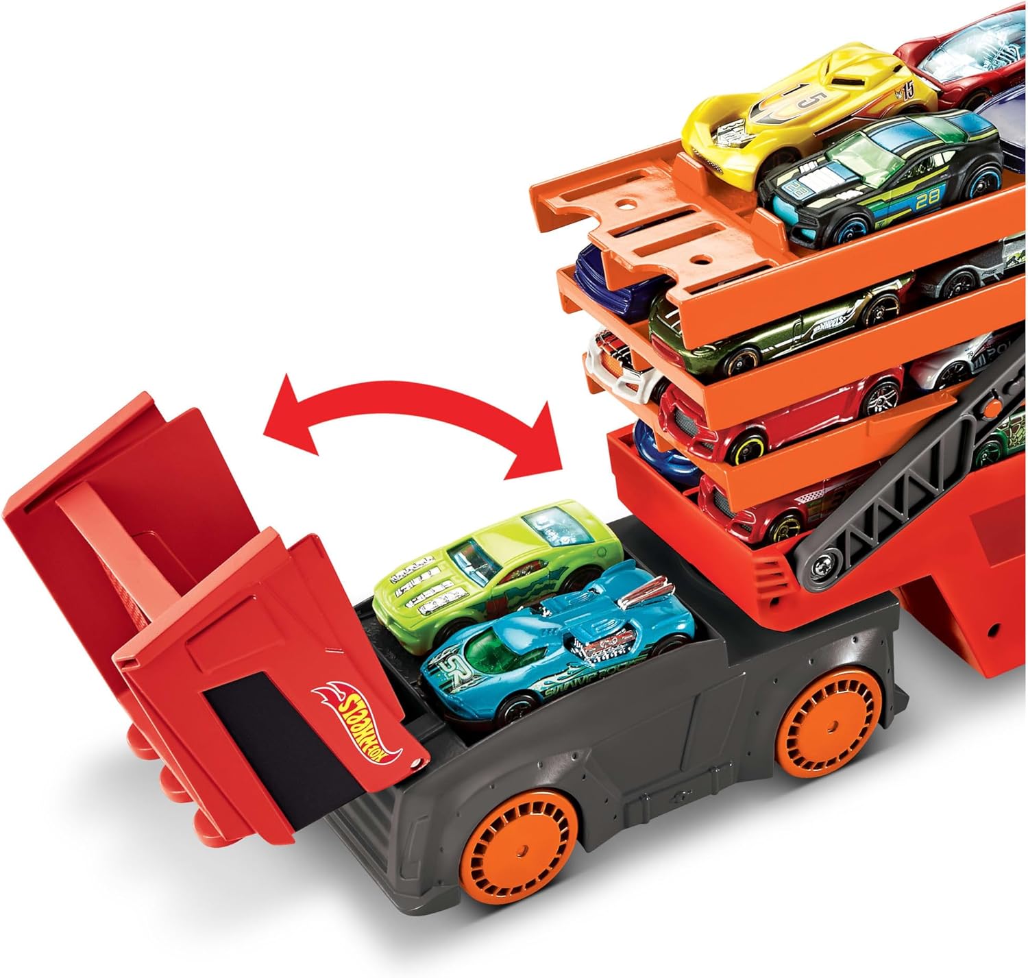 Orange and black toy car carrier truck with side ramp open and cars on tiers