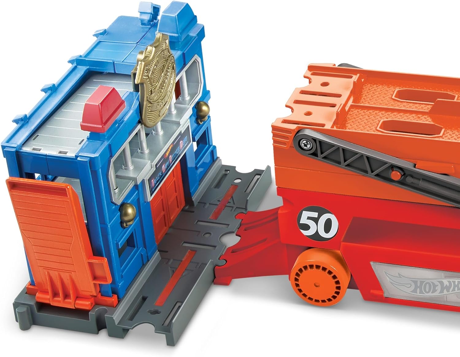 Blue and orange toy car carrier truck set with open ramp and stacked platforms